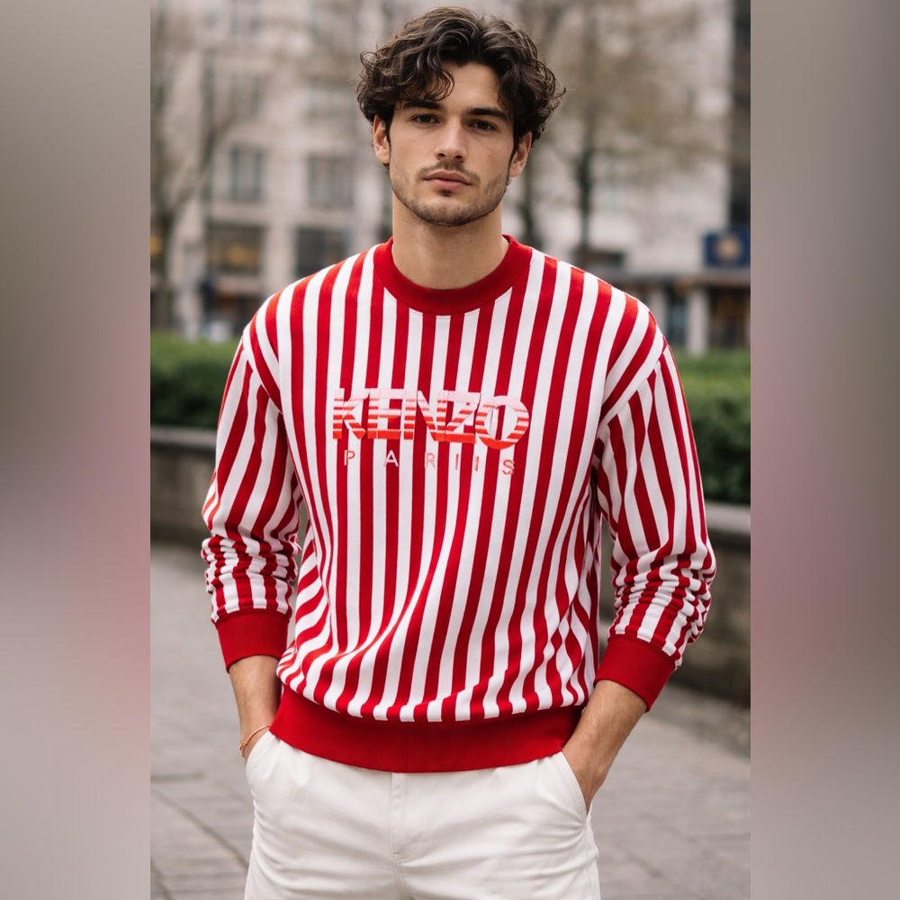 Kenzo Paris Red & White Striped Crewneck Sweatshirt unisex Size S